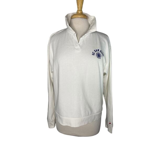 UC SAN DIEGO White Fleece Pullover Collared Sweatshirt Size Large Womens Short - Picture 1 of 11